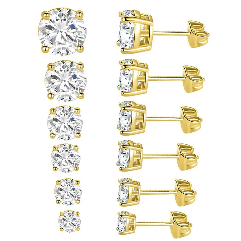 6 Pairs Stud 18k  Earrings Set, Hypoallergenic Cubic Zirconia 316L Earrings Stainless Steel CZ Earrings 3-8mm (Steel color)