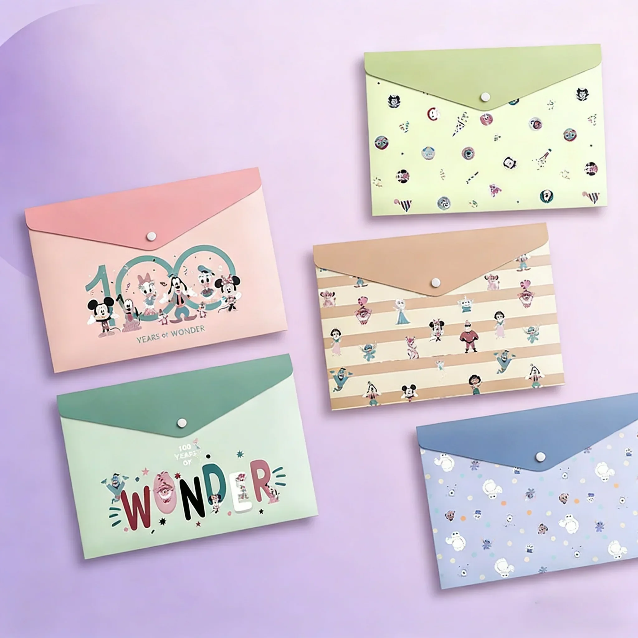 Disney 5Pcs Mickey Series Cartoon Snap Button Folders, Paper Organizers for Students, Colorful Document Holders