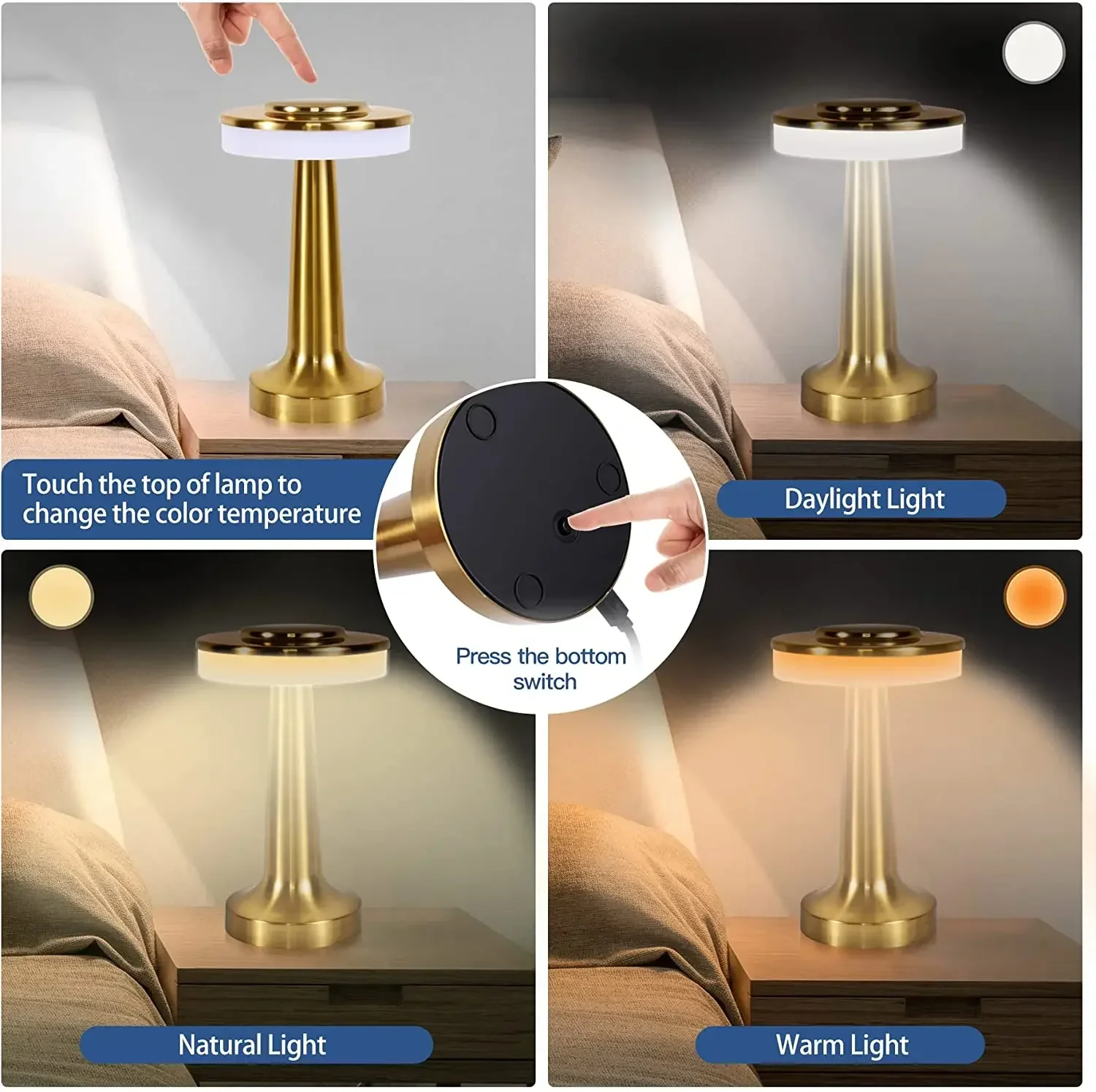Portable Table Lamp Touch Sensor Control Bedside Lamps Night Light with Charging Cable 3 Colors Lighting Dimmable Desk Lamp
