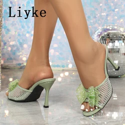 Liyke Size 35-43 Green High Heels Summer Slippers Women Crystal Rhinestone Butterfly Knot Designer Sandal Female Slides Shoes