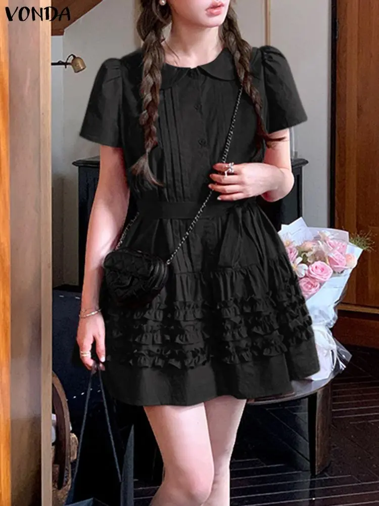 

VONDA Sweet Women Dresses Summer Short Sleeve Peter Pan Collar Ruffled Sundress 2025 Fashion Pleated Solid Cake Mini Vestidos