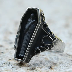 Unique Zombie Vampire Skull Biker Ring Men Boys Black Stainless Steel Punk Coffin Rings Cool Men Boys Gothic Ring Wholesale