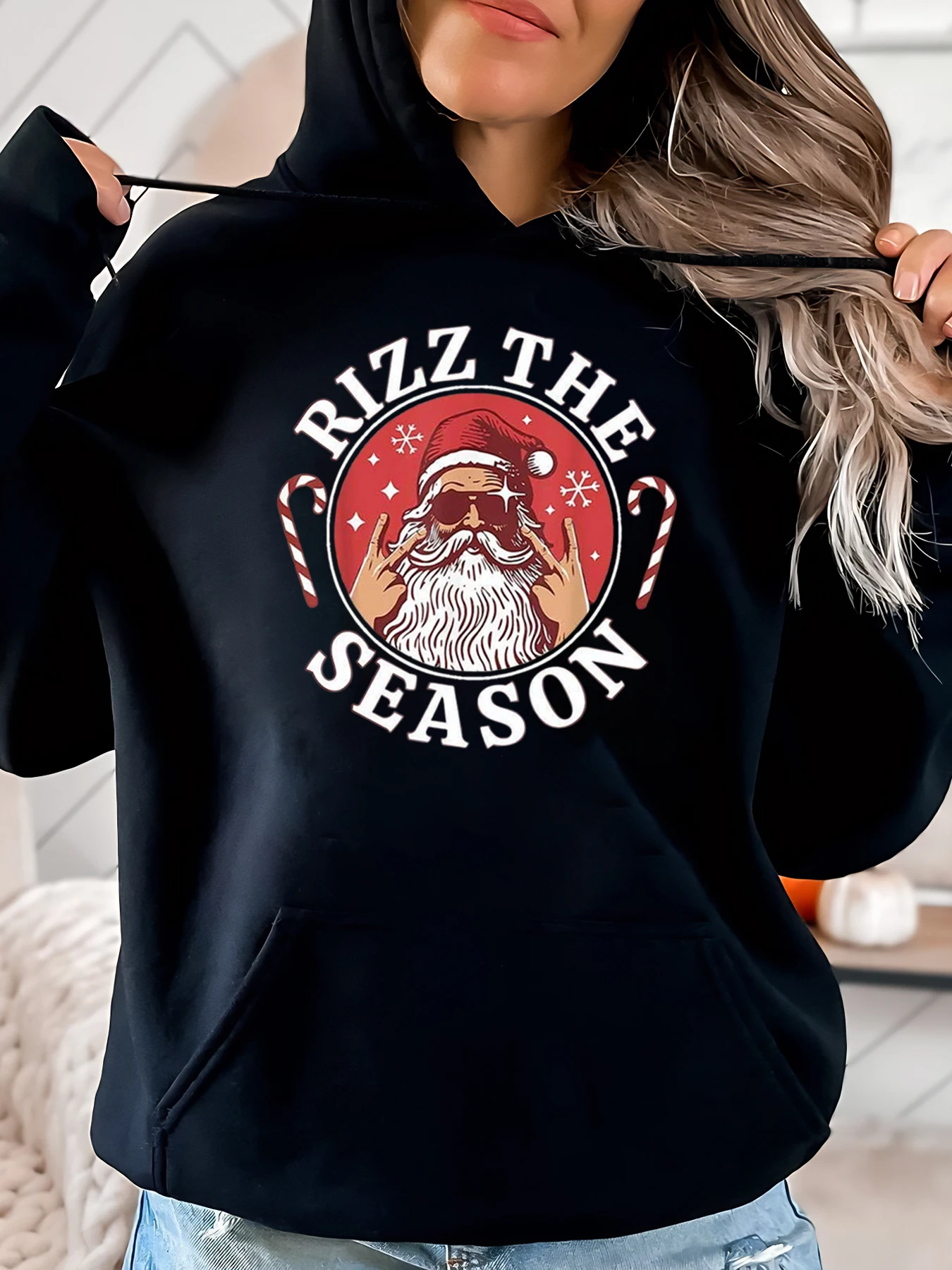 Santa Rizz the Season Print Weihnachts-Hoodie für Damen, lässig, Urlaubskleidung, Schwarz, Übergröße