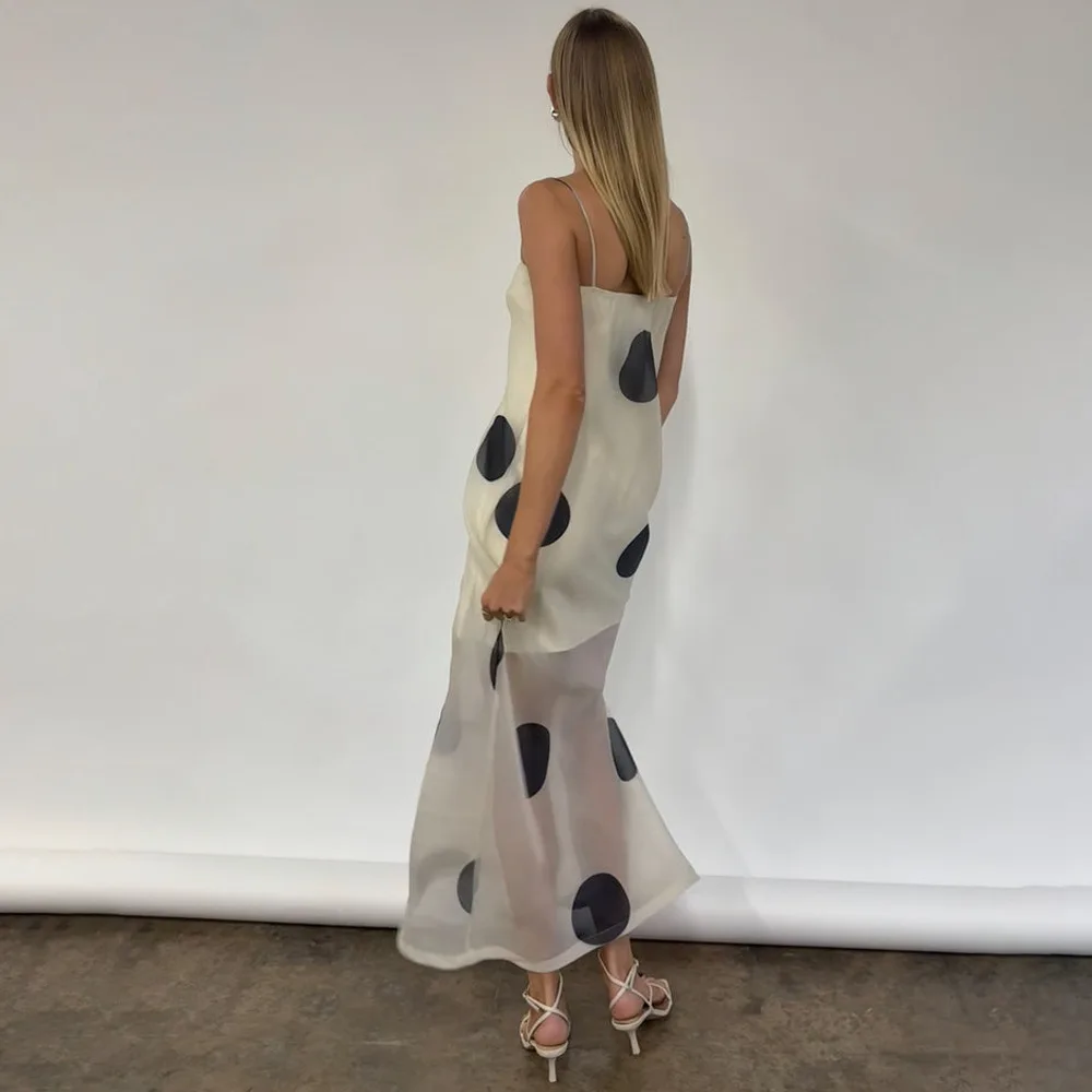 Polka dot impresso dupla camada feminina maxi vestido sexy ver através de malha vestido de verão magro elegante festa vestido de noite