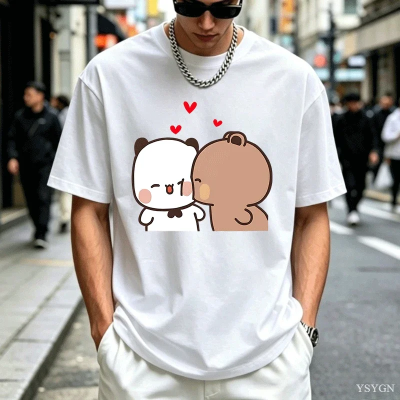 Cute Panda and Brown Bear Couple Mens Women T Shirt  Red Hearts Love Art Casual Short Sleeve Couple and Cartoon Fan Gift Tops
