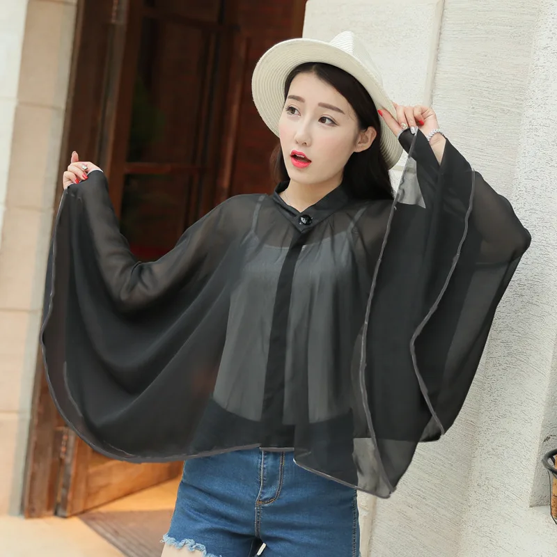 2022 Summer Women Cycling Driving Sleeve UV Proof Korean Chiffon Sunscreen Sunshade Lady Shawl Cloak Poncho Capes Rose Red