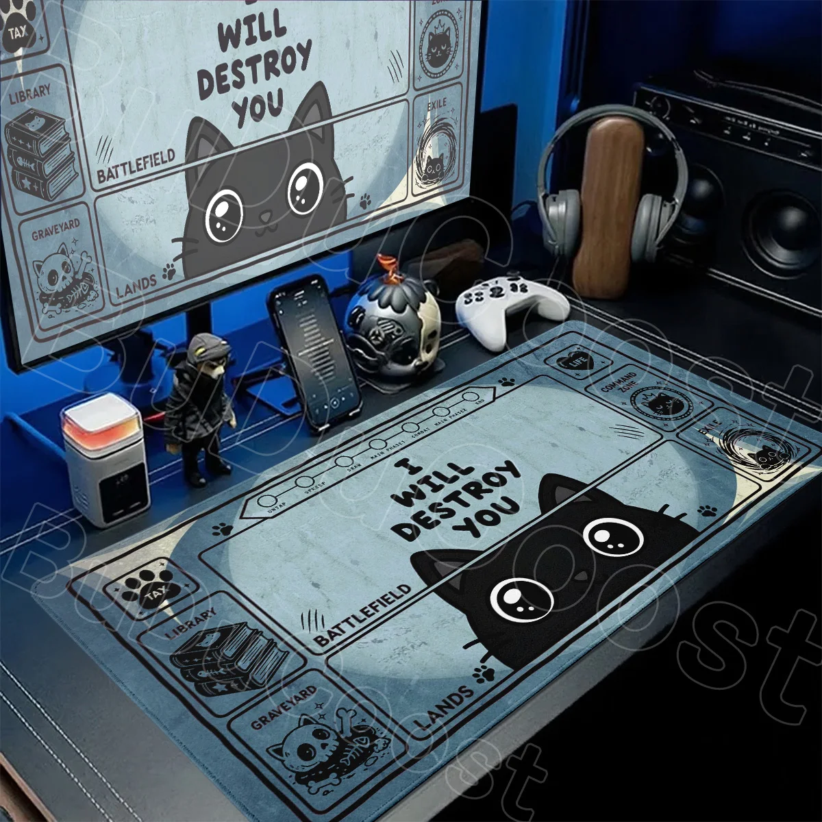 Black Cat Cartoon Pattern MTG TCG Trading Card Desk Pad Large Party Gathering Playmat Lockedge Computer Office Non-slip Mousepad