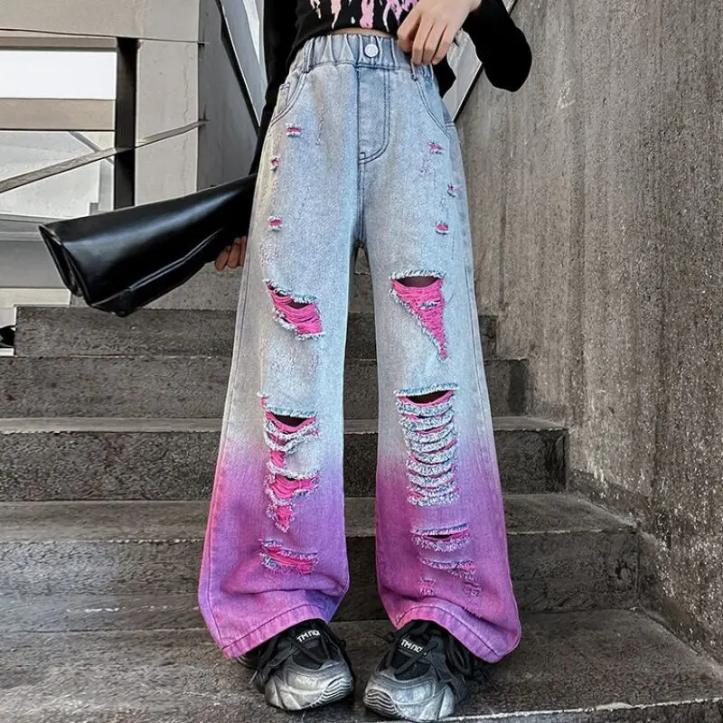 

4-14Y Teenage Girls Hole Wide Leg Pants Fashion Loose Street Gradient Color Jeans for Kids Clothes School Children Trousers