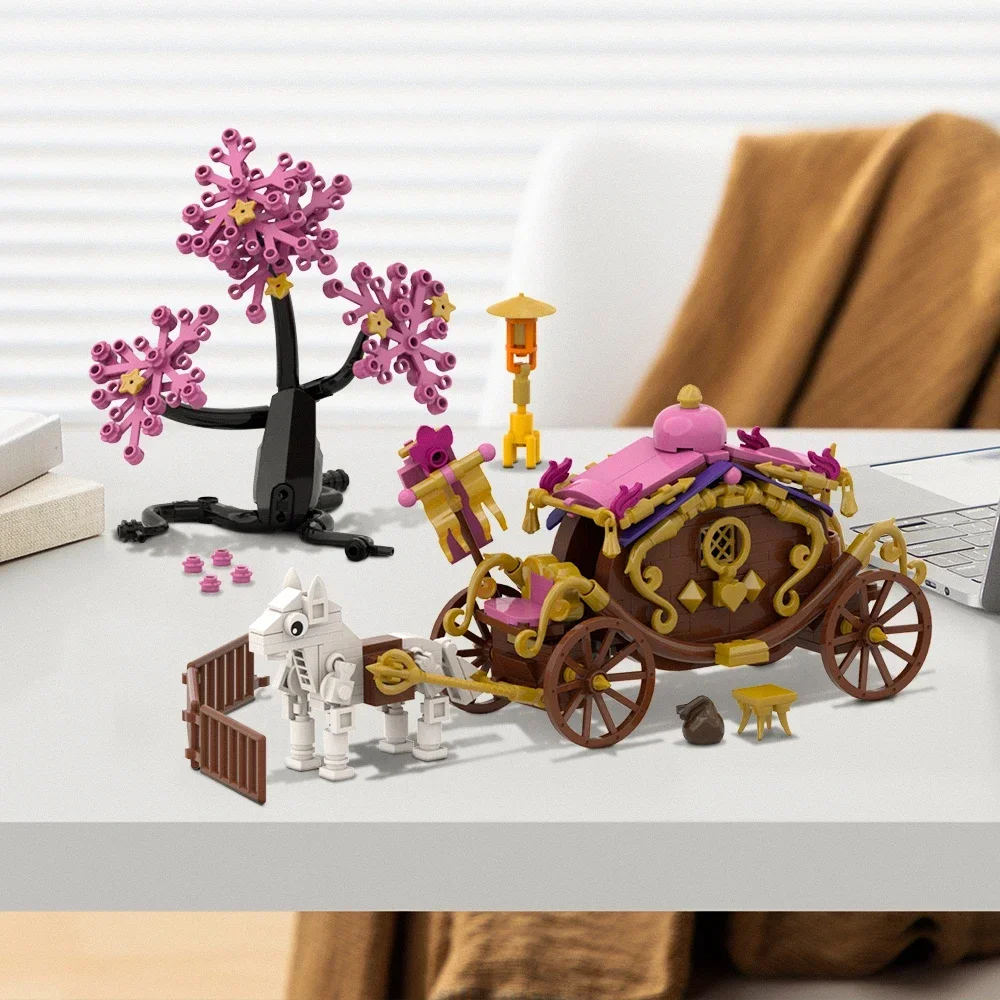 MOC Carrozza di fiori di ciliegio Blocchi di costruzione Albero di ciliegio rosa Scena romantica da favola Modello di assemblaggio Regalo di compleanno Giocattolo per bambini