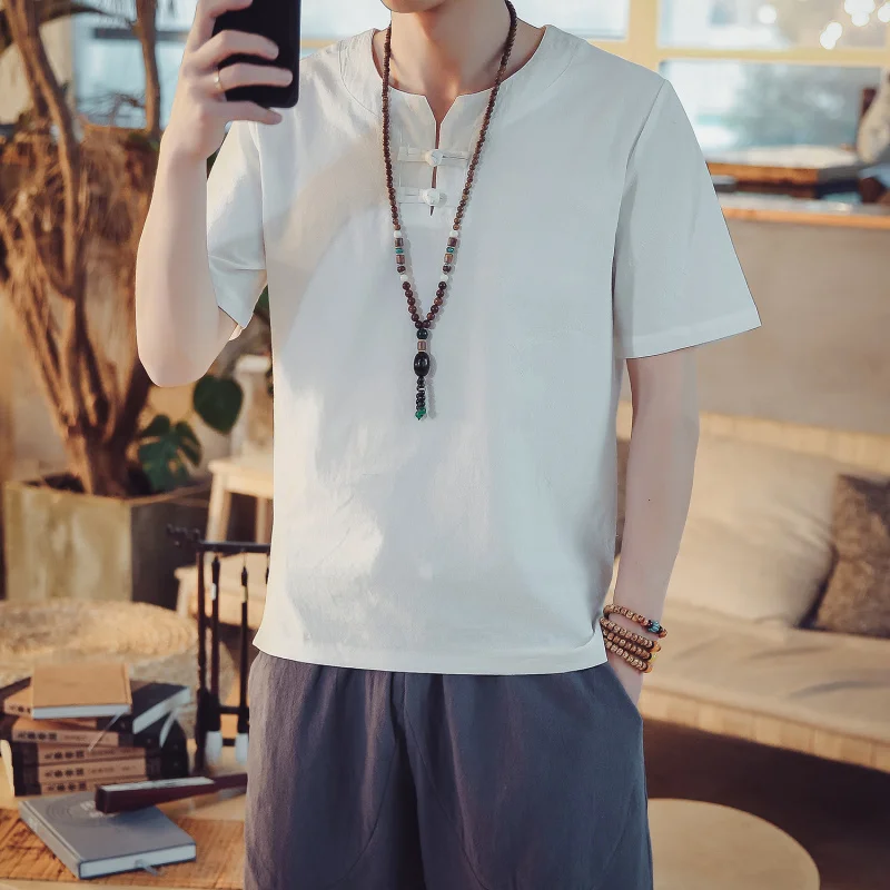 Plus size 8XL Male Casual cotton linen Shirts Chinese Elegant vintage short sleeve blouse black white Men Clothes Camisa