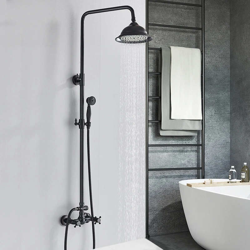 

Bathroom Rainfall Shower Mixer Faucet Dual Handle Brass Black Shower Set Faucet Wall Mount Rainfall Shower Mixer Tap Handshower