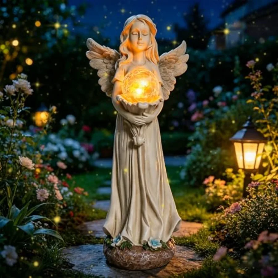 Angel Statue Outdoor - Angel Solar Garden Statues with Crackle Glass Ball LED Light, Resin Angels Memorial Figurines Light, Ang