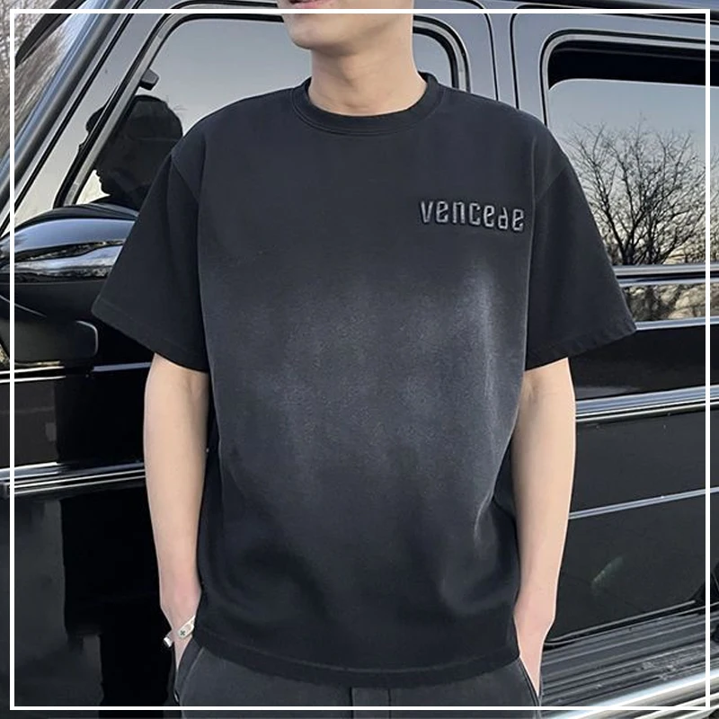

Gradient Distress Trend Versatile Cotton Internet Celebrity Letter Round Neck Slim Casual Men's Short Sleeved Summer 2024