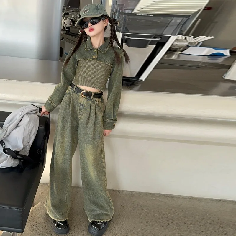 

Childrens clothing set 2024 autumn new Korean girls long sleeved denim jacket vest long pants three piece set