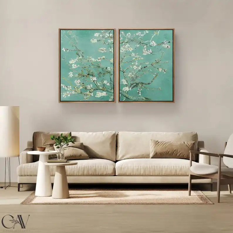 2 Pcs Retro Blossom Almond Floral Canvas Wall Art Poster, Unframed Abstract Canvas Print for Living Room Decor, and Wedding Gift