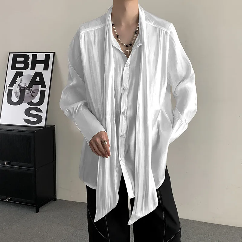 

New Chinese Design Lightweight Fabric Pleated Sa White irt Long Sve Men's High-End Feeling Outerwear Polyester Fiber