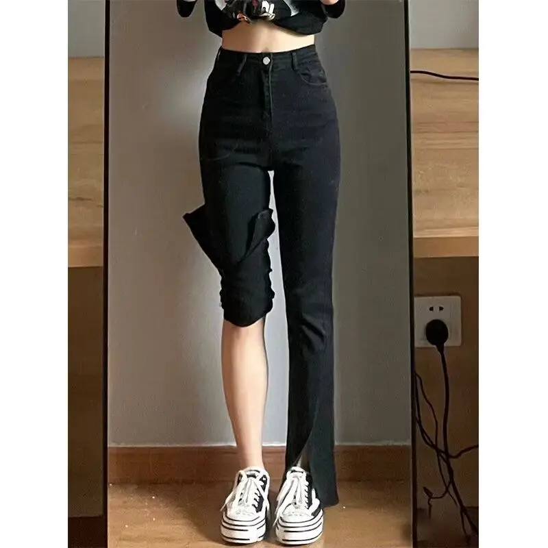 

High Waist Slit Denim Skinnies Women's Spring Autumn New Straight Leg Small Size Trendy Ins Floor Length Wide Leg Pants