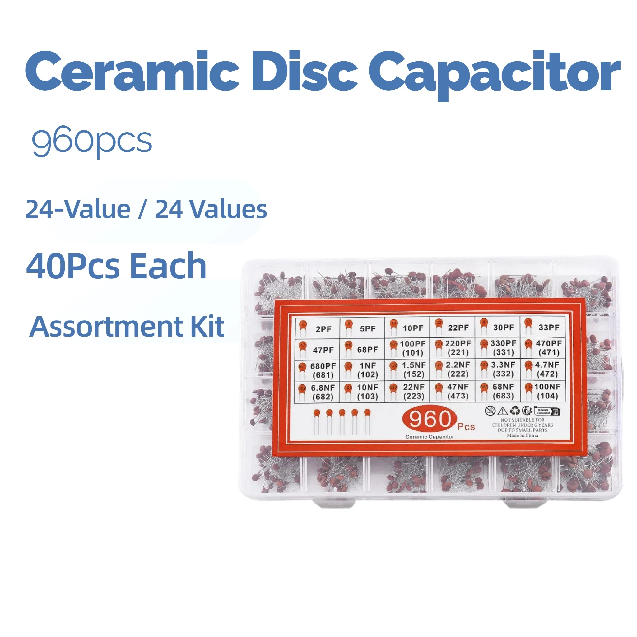 960Pcs 24‑Value Ceramic Capacitor Assortment Kit 2PF‑100NF 40Pcs Each Electronic Components Box