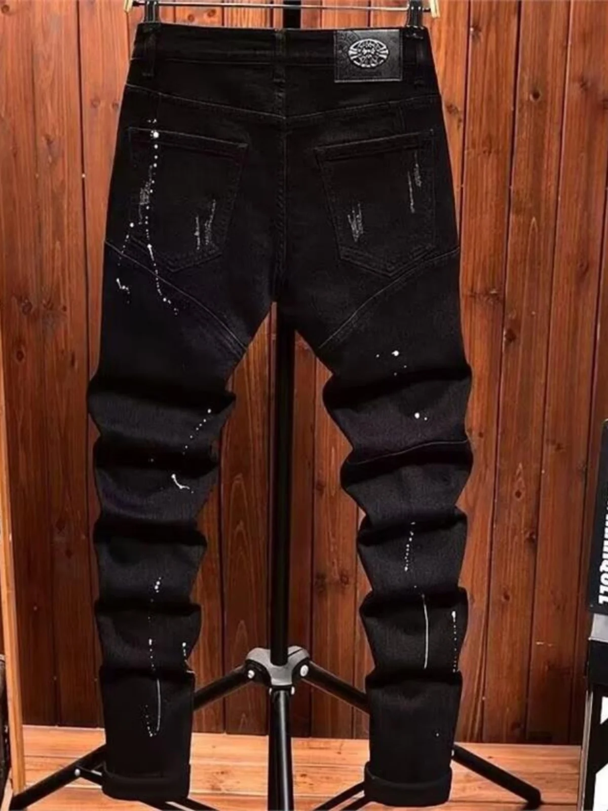 Trendy Lightweight Ripped Denim Jeans Men's Black Patch Elastic Slim Fit Youth Small Foot Long Pants Wear Resistant Straight Leg