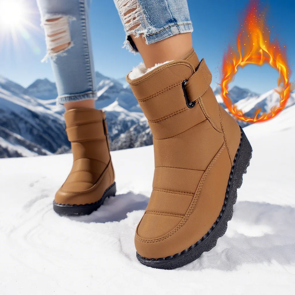 Damen-Winterstiefel bis zur Wadenmitte, wasserdicht, mit Kunstfell gefüttert, mit Klettverschluss, rutschfest, dicke Sohle, warme Outdoor-Stiefel für kaltes Wetter. – Detail 19