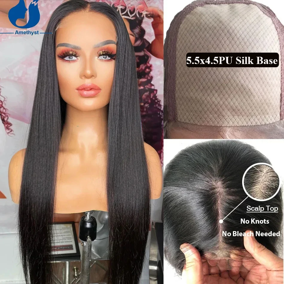 

Silky Straight 5.5x4.5 PU Silk Base Lace Cloure Wig Natural Black Human Hair for Women Brazilian Remy Hair Silk Top Wig No Knots