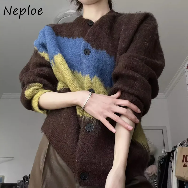 Neploe 2024 Autumn Winter Handsome Casual Sweater Coats Lazy Vintage Loose Versatile O-Neck Color Blocked Plush Knit Cardigan