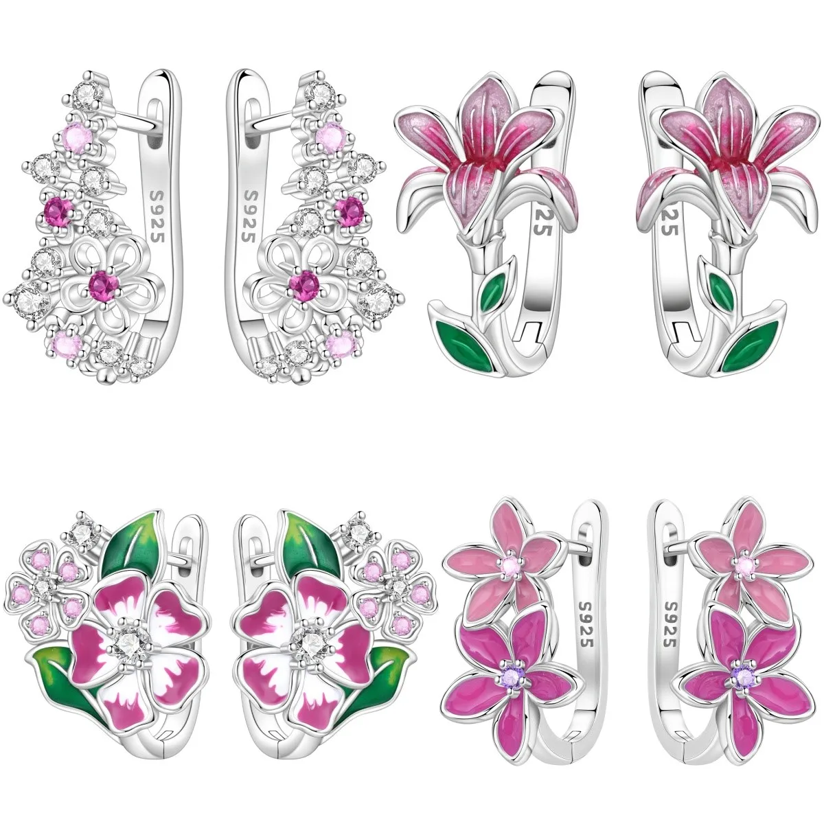 Orstarry S925 Sterling Silver Earring Exquisite Elegant Pink Magnolia Flower and Cherry Blossom Earring For Women Birthday Gift