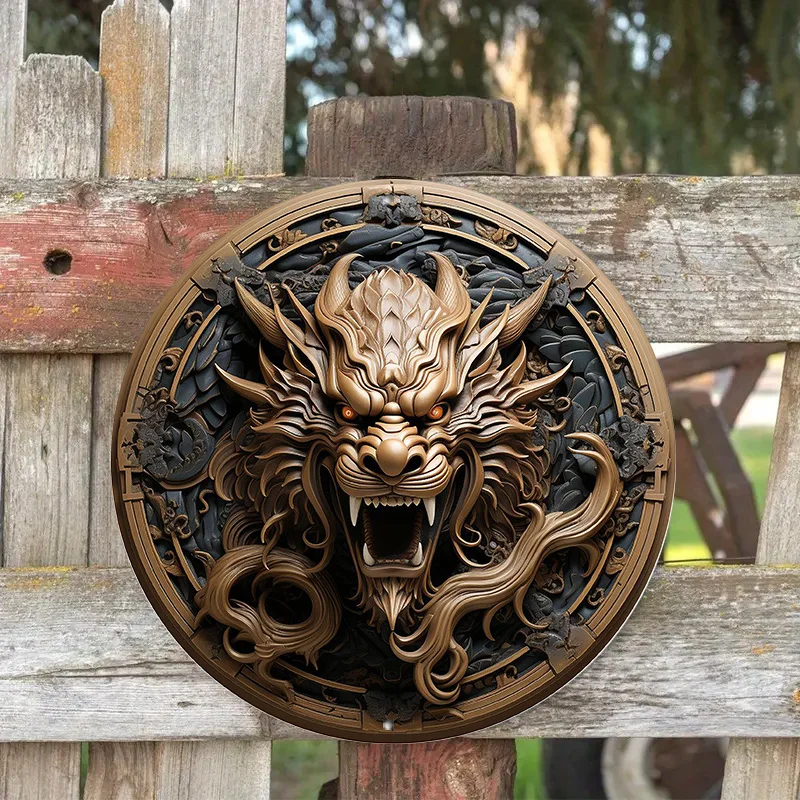 Round Metal Aluminum Mark Chinese Dragon Pattern Relief for Home, Living Room, Coffee Shop, Office, Wall Decoration Art