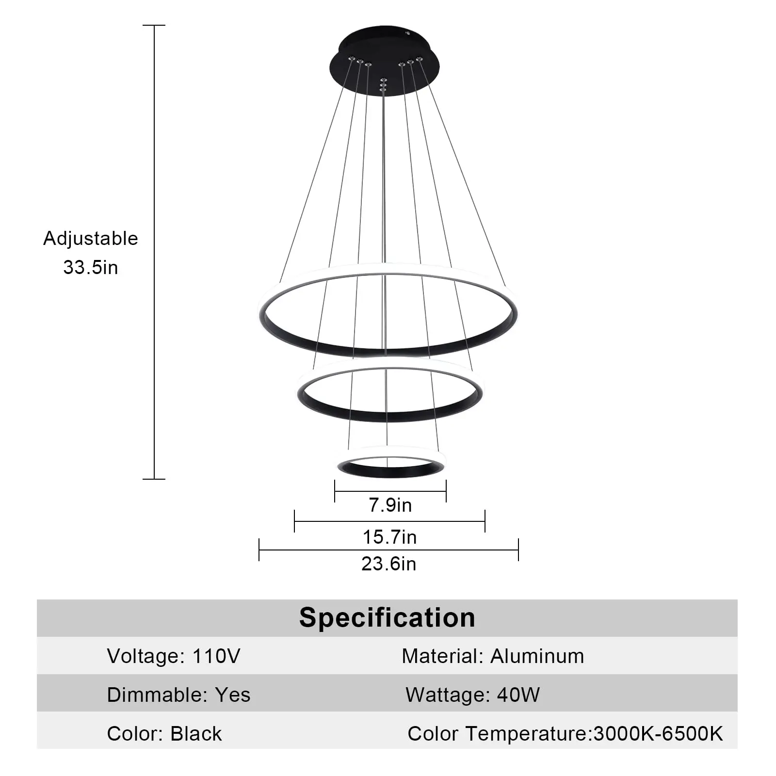 Nowoczesny żyrandol LED z możliwością przyciemniania, czarna lampa wisząca z 3 pierścieniami i pilotem, regulacja 3000K-6500K, lampa sufitowa 40W do sypialni