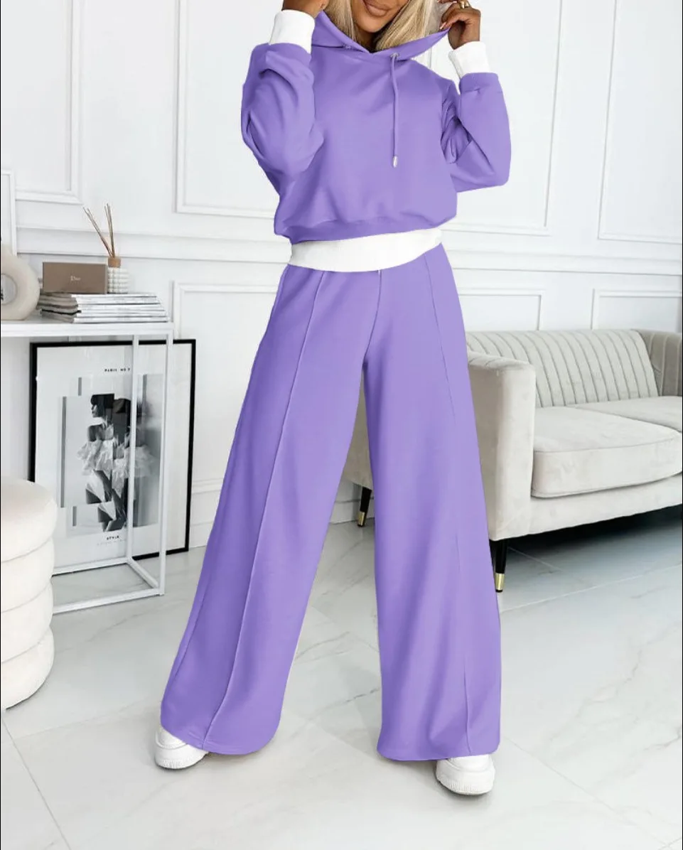 2023 Autumn Winter Long Sleeve Hoodie Sweatshirt and Drawstring Wide Leg Pants Casual Solid Color Tracksuit Women Two Piece Set