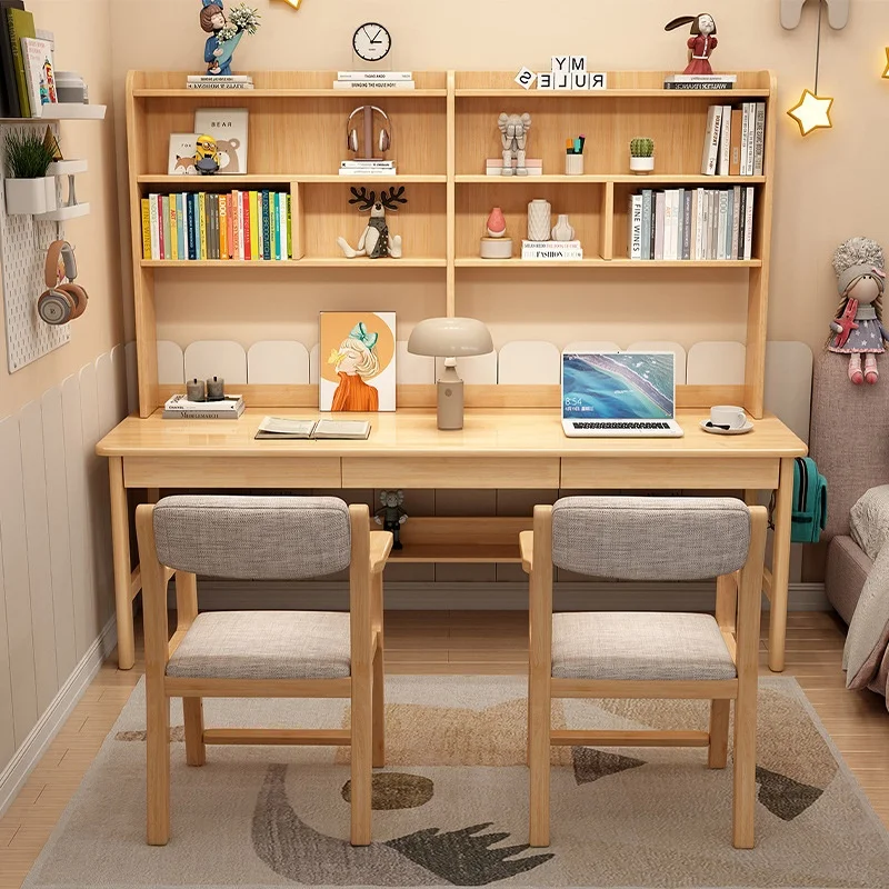 2026 Solid Wood Double-Person Desk with Integrated Bookshelf Extra-Large Computer Desk for Home Use Students Multiple People Stu