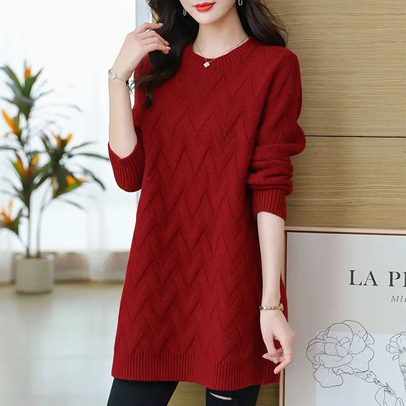 

Новые осенние и зимние свитера с круглым вырезом для женщин, свободные и стильные топы средней длины, повседневные теплые свитера