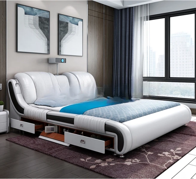 Genuine Leather Bed Multifunctional Beds Ultimate Massage Camas with Bluetooth,Speaker,Safe,Air Cleaner, Projector,Drawers