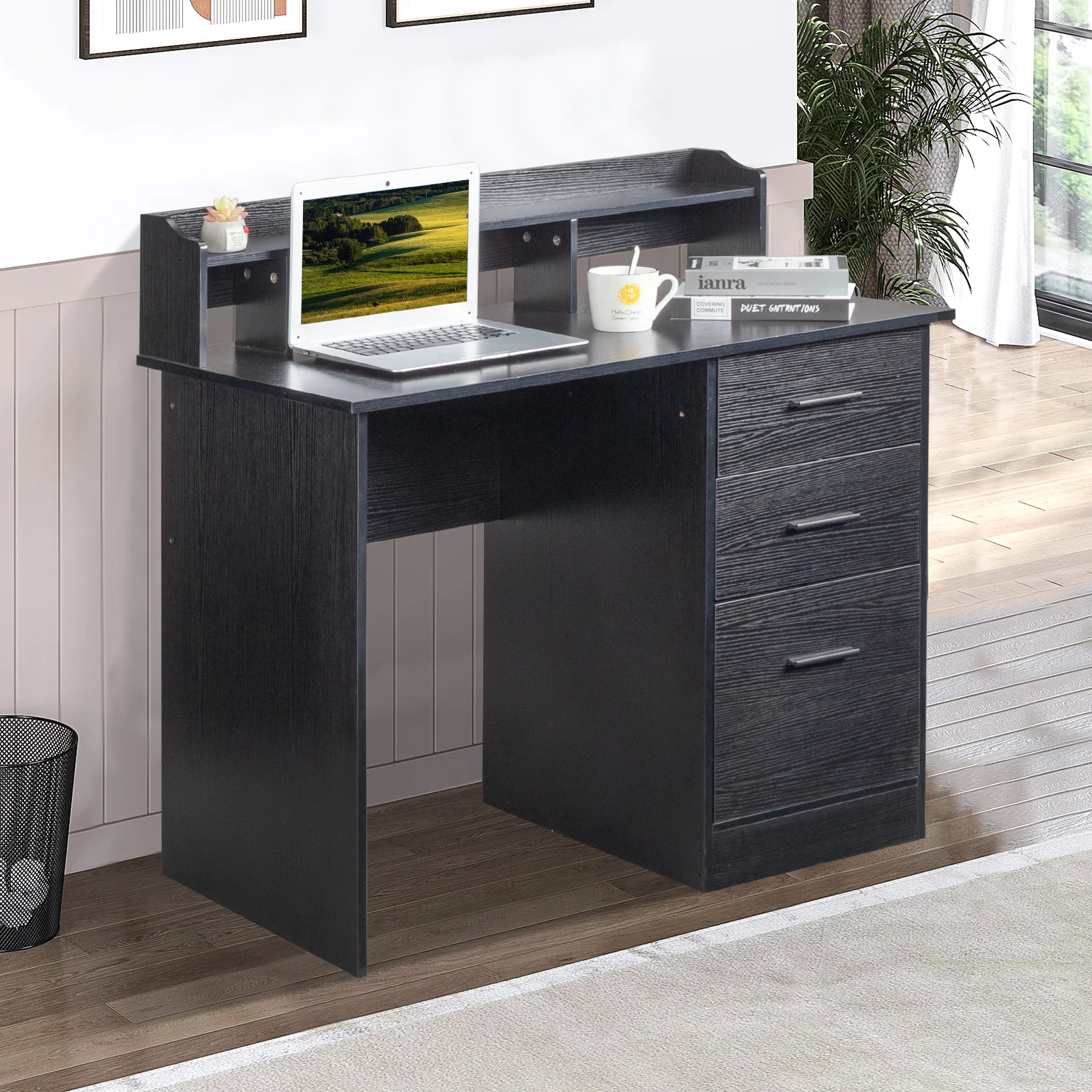 FCH 110*50*95cm Particleboard Paste Triamine Desktop Storage Layer Three Drawers Computer Desk Black Wood Grain