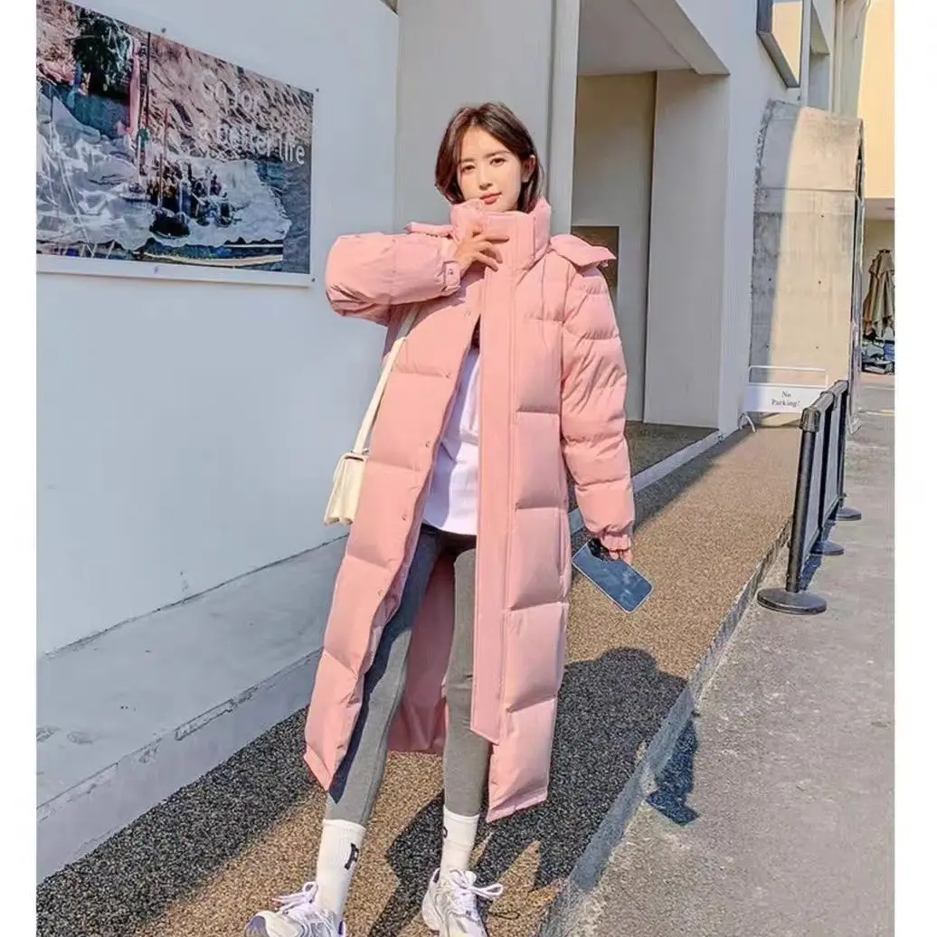 

2024 New Women's Winter Clothing Puffer Zipper Fly Down Coat Streetwear Solid Color Thick Keep Warm Long Jacket T570