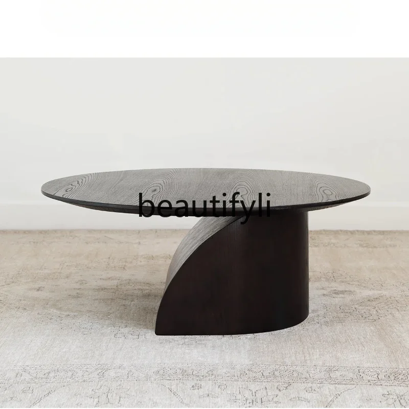 French retro black coffee table living room household log solid wood small apartment modern, size round tableH