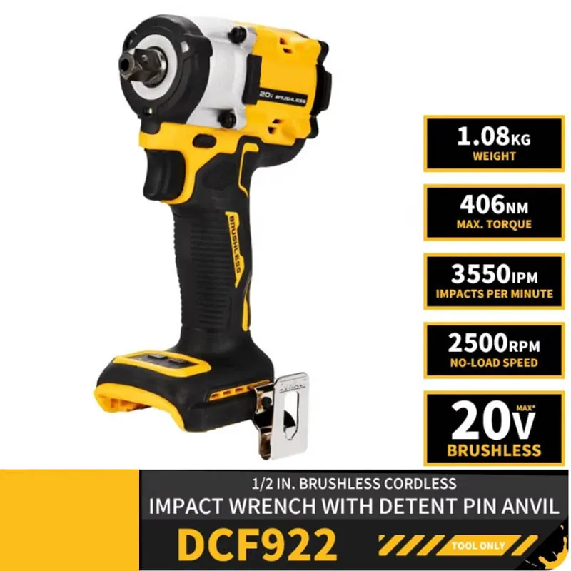 

DCF922 1/2in Brushless Cordless Impact Wrench With Detent Pin Anvil 20V Lithium Power Tools 3550IPM 406NM Bare Tool