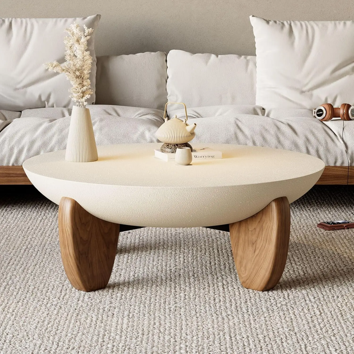 

Round Concrete Coffee Table with Walnut Ash Wood Legs Modern Minimalist Cement Finish Living Room 37.4"x37.4"x14.4", Customized