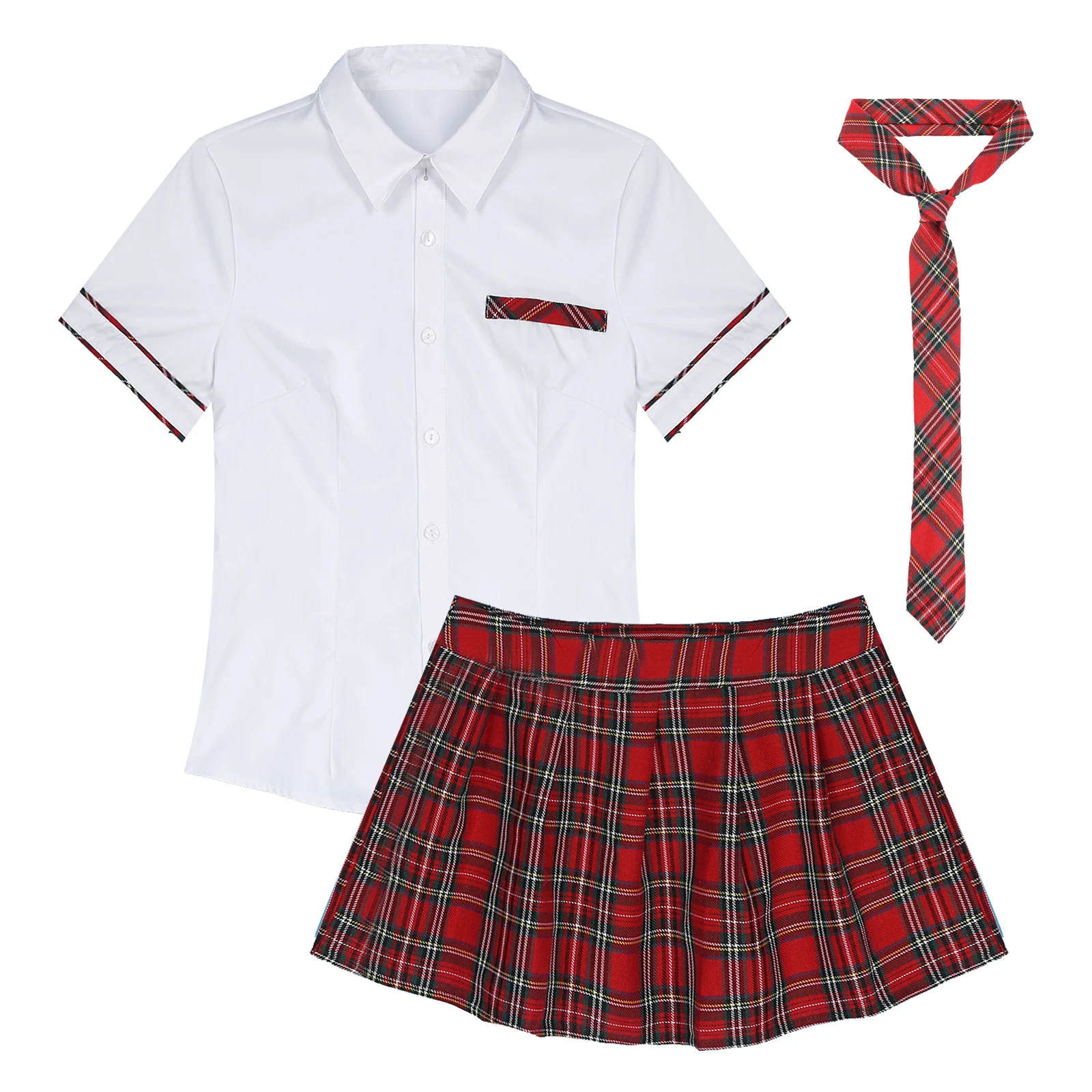 Women Girls Cosplay Costume School Uniform Short Sleeve Shirt with Plaid Skirt for Halloween Role Play Party Photography