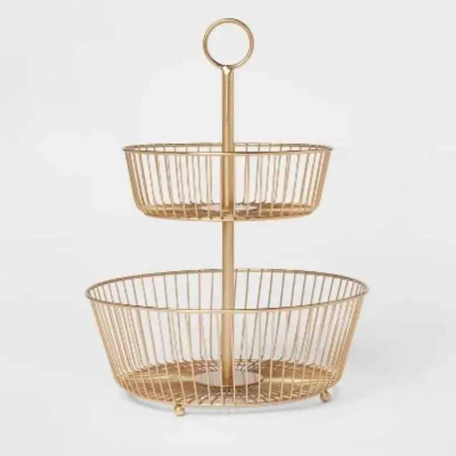 

Collection Metal Wire Fruit Basket Gold Iron Round Fruit Holder Kitchen, 15.75" Height