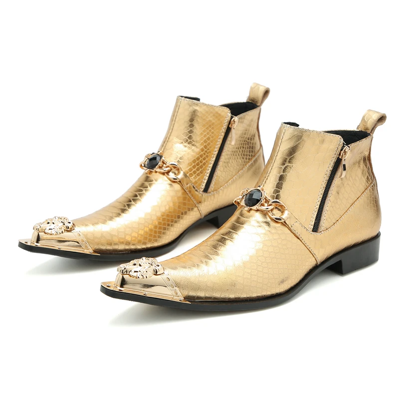 

plus Size Men's Gold Western Ankle Boots Metal Toe Genuine Leather Winter Riding Shoes Punk Party Style
