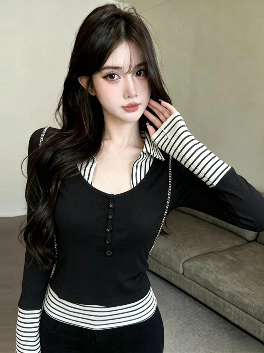 Sweet Atmosphere  Neck Splice Stripe Slim Fit False Two-Piece Irregular Spicy Girl Overhead Versatile T-Shirt for Women