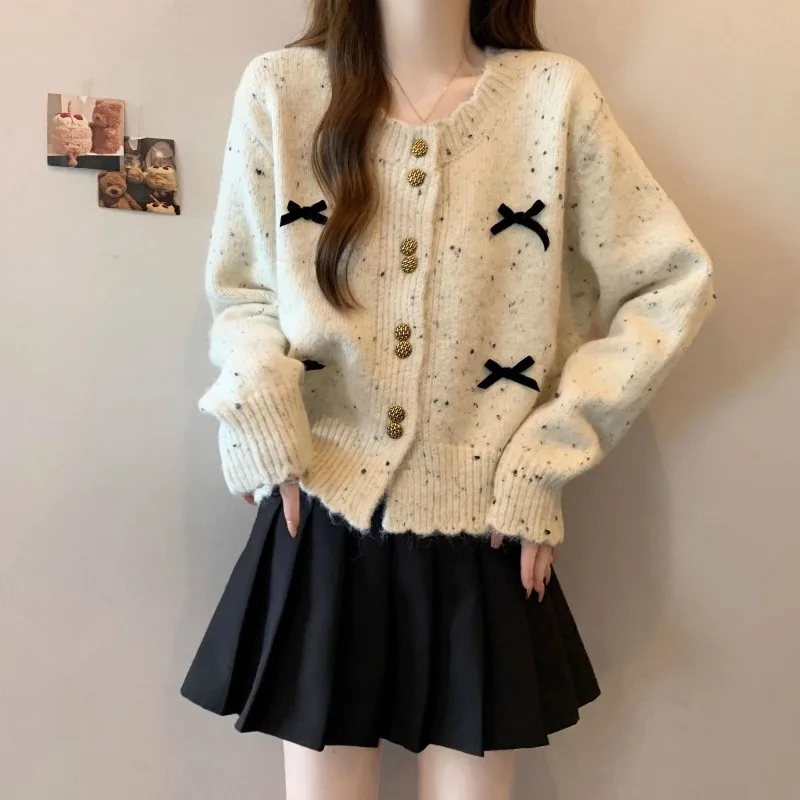 Coreano outono doce vento arco malha cardigan feminino de alta qualidade macio ceroso retro cor ponto camisola de malha casaco senhoras solto fino topo