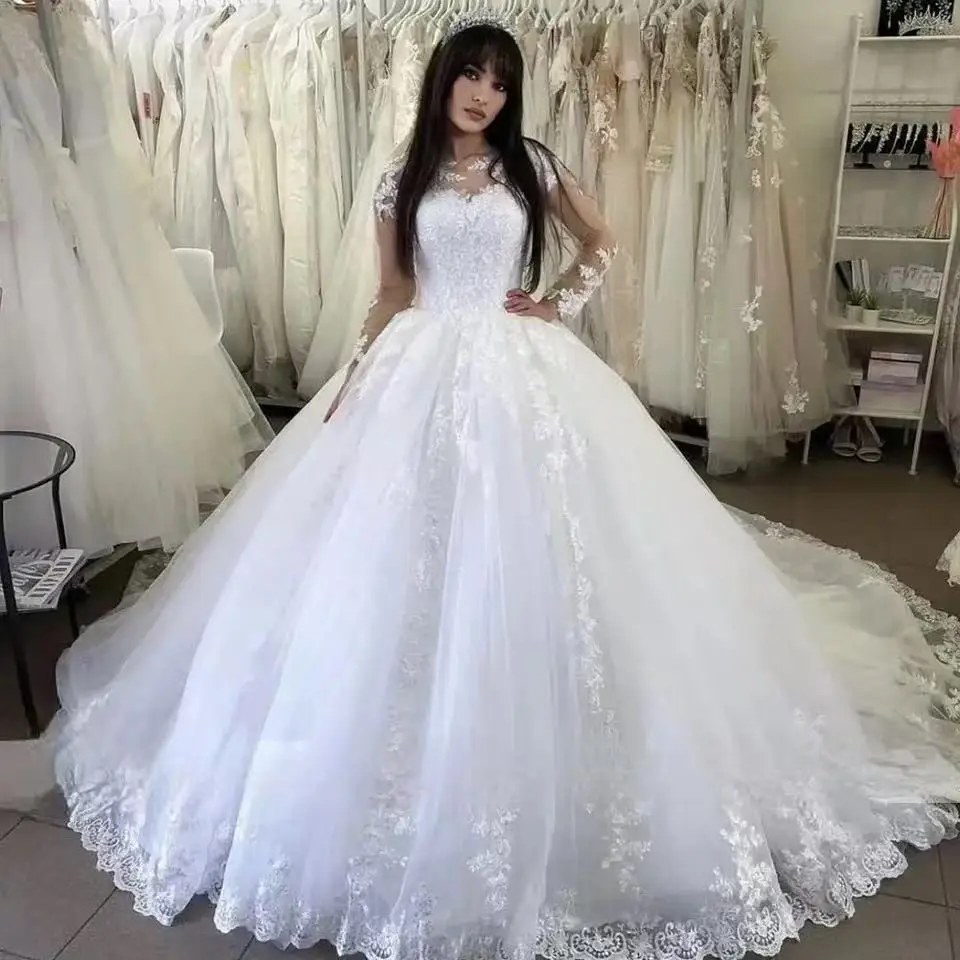 Customized White O-Neck Appliques Long Sleeves Wedding Dresses Ball Gown Floor Length Tulle Lace Up Bridal Gown Vestido de no