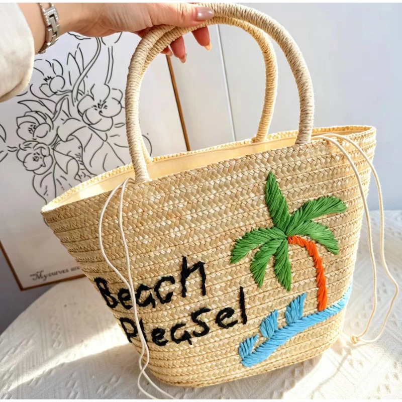 Kokosnuss-Stickerei Strohgewebte Strandtasche, Große Kirsch-Tragetasche, Damen Sommer Casual Urlaubstasche mit Schriftzug – Detail 4