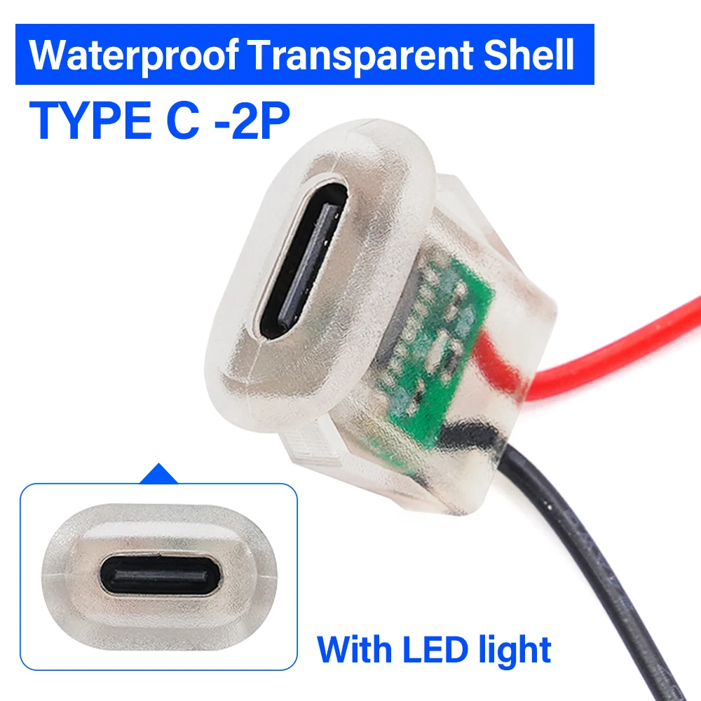 2pin USB Type-C 5A input charging socket with LED light Flat USB-C power connector tinned copper wire end female connector