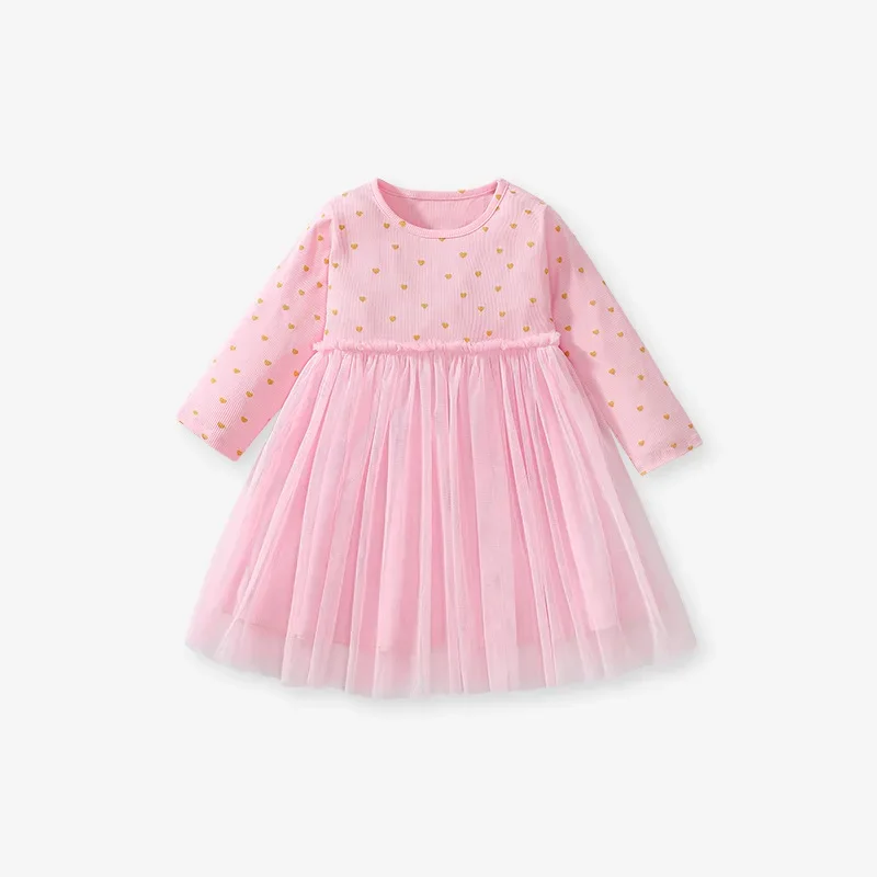 2024 Autumn Lace Tulle Kids Girls Princess Dress Cute Heart Print Long Sleeve Girls Ball Gown Outwear Dress for 2-7y