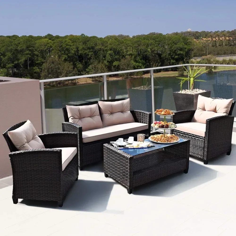 

4 Piece Wicker Patio Furniture Set, PE Rattan Outdoor Conversation Sets with Loveseat, Chairs & Coffee Table