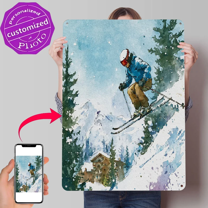 Skier Descending Snowy Mountain Tin Poster Customized Wall Art Retro Vintage Metal Signs for Fans Room Setup Decorations Decor