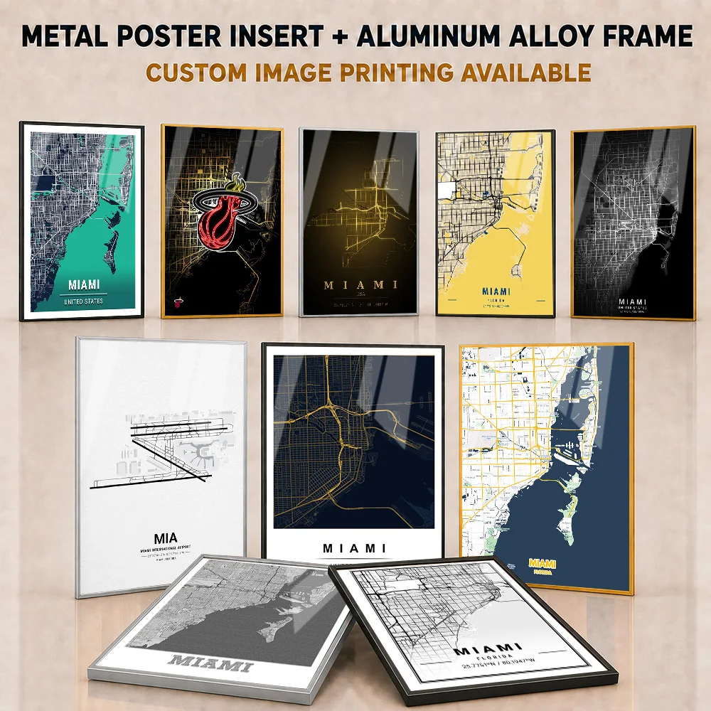 Miami Framed Metal Poster Personalized Atmospheric Geographic Travel Aesthetic Wall Art For Home Office And Map Collector Gift